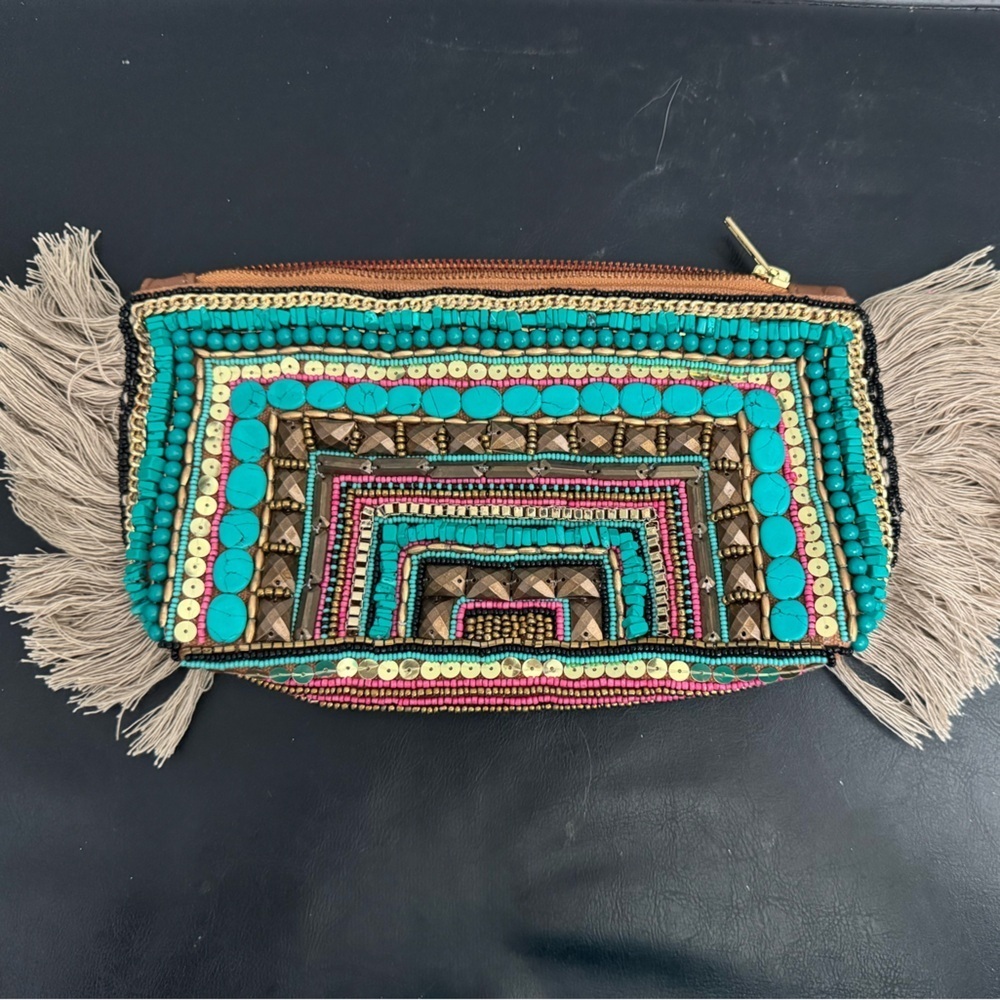 Shiraleah by Anthropologie Beaded Fringe Boho Sequins Glam Clutch- Size 10 x 6 - Picture 1 of 9